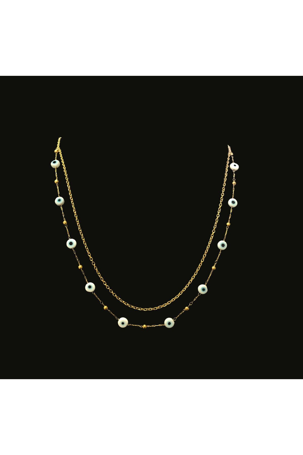 Paslanmaz Çelik Gold Taşlı İncili İşlemeli - Desenli Kadın Kolye