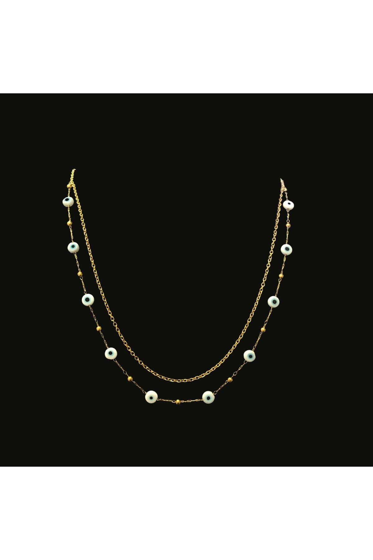 Paslanmaz Çelik Gold Taşlı İncili İşlemeli - Desenli Kadın Kolye