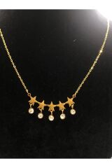 Paslanmaz Çelik Gold Taşlı İncili İşlemeli - Desenli Kadın Kolye