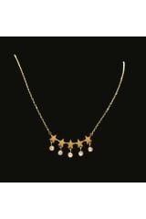 Paslanmaz Çelik Gold Taşlı İncili İşlemeli - Desenli Kadın Kolye