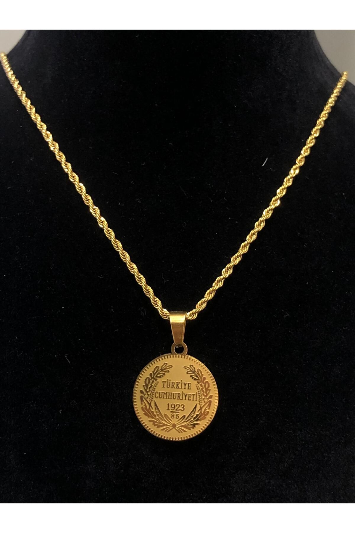 Paslanmaz Çelik Gold Taşlı İncili İşlemeli - Desenli Kadın Kolye