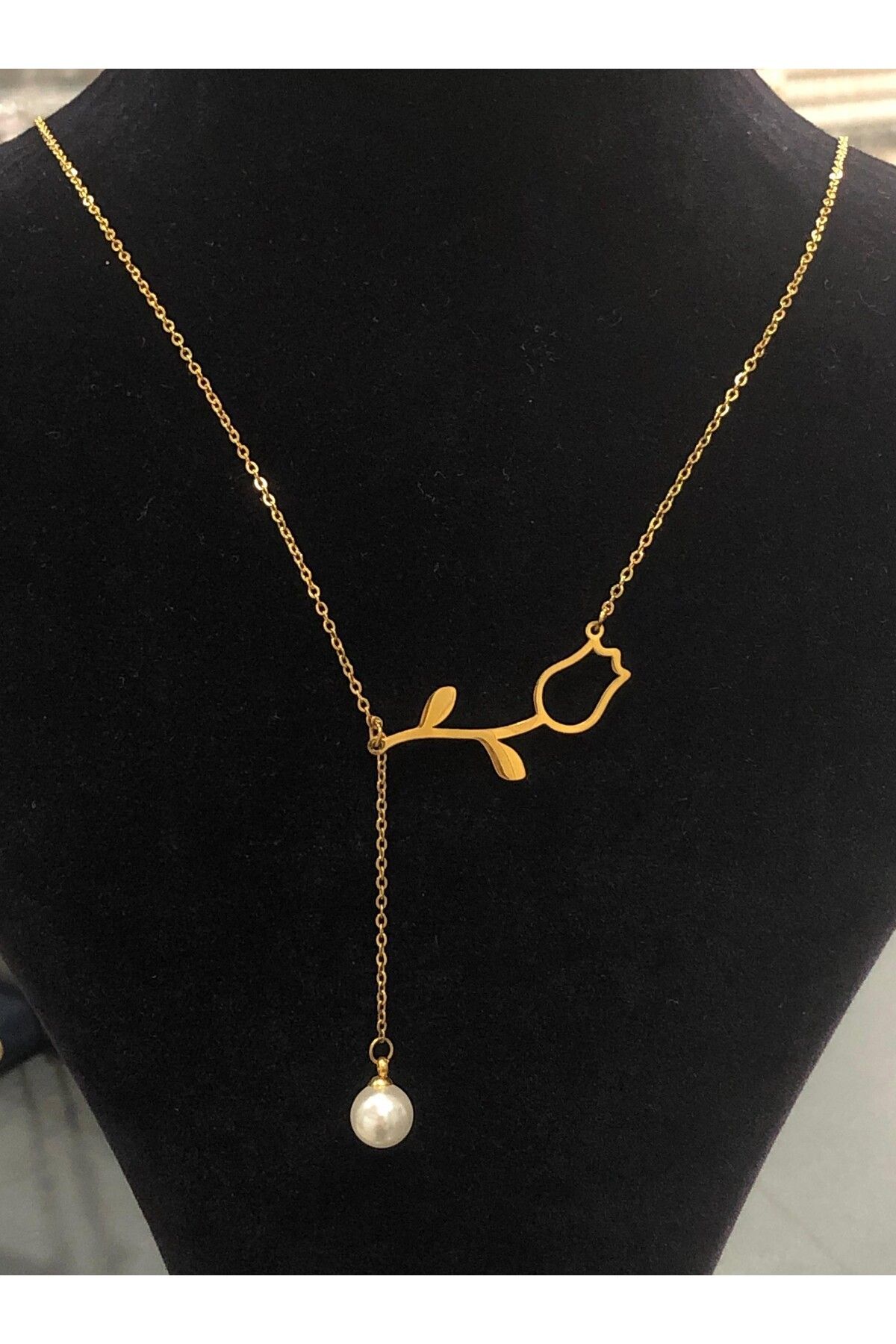 Paslanmaz Çelik Gold Taşlı İncili İşlemeli - Desenli Kadın Kolye