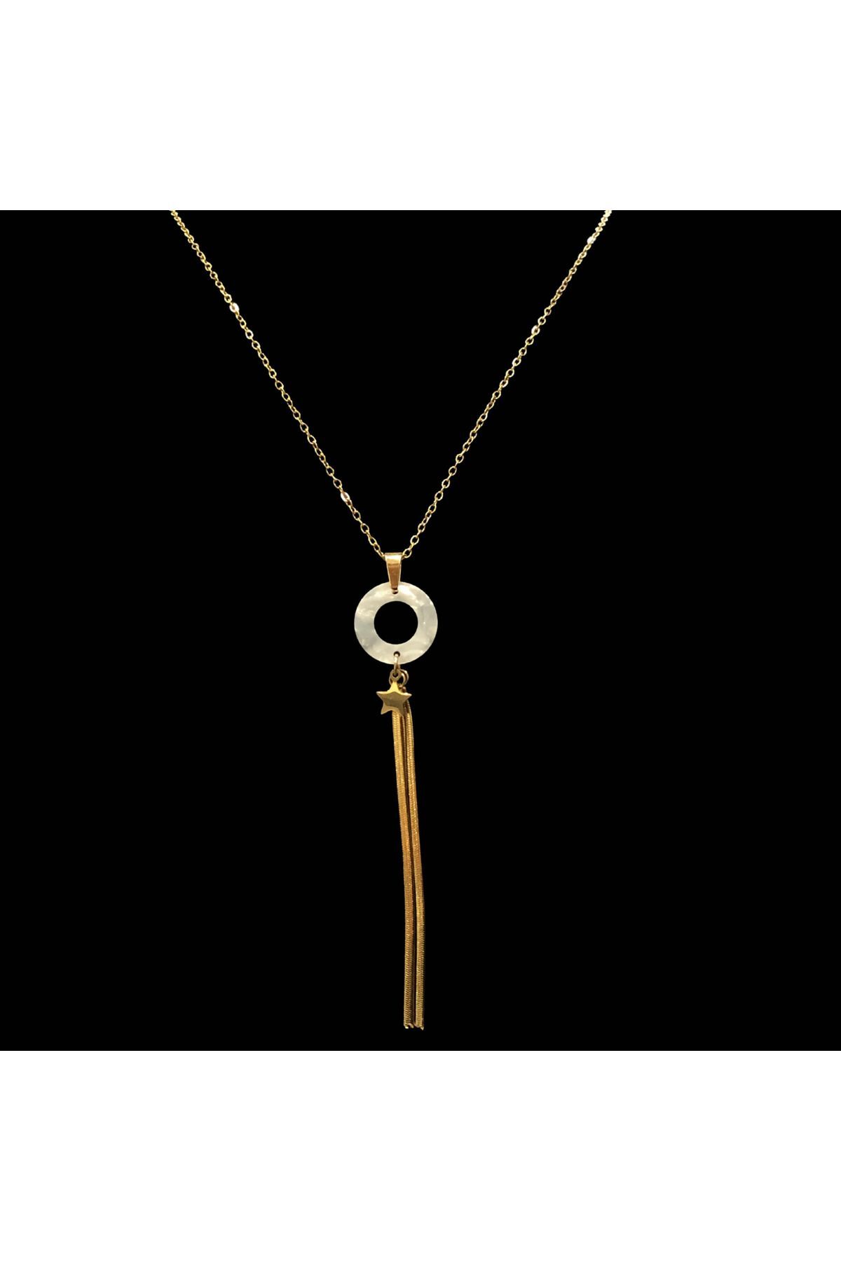 Paslanmaz Çelik Gold Taşlı İncili İşlemeli - Desenli Kadın Kolye