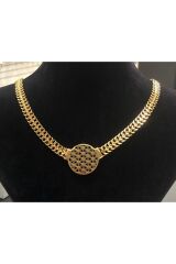 Paslanmaz Çelik Gold Taşlı İncili İşlemeli - Desenli Kadın Kolye