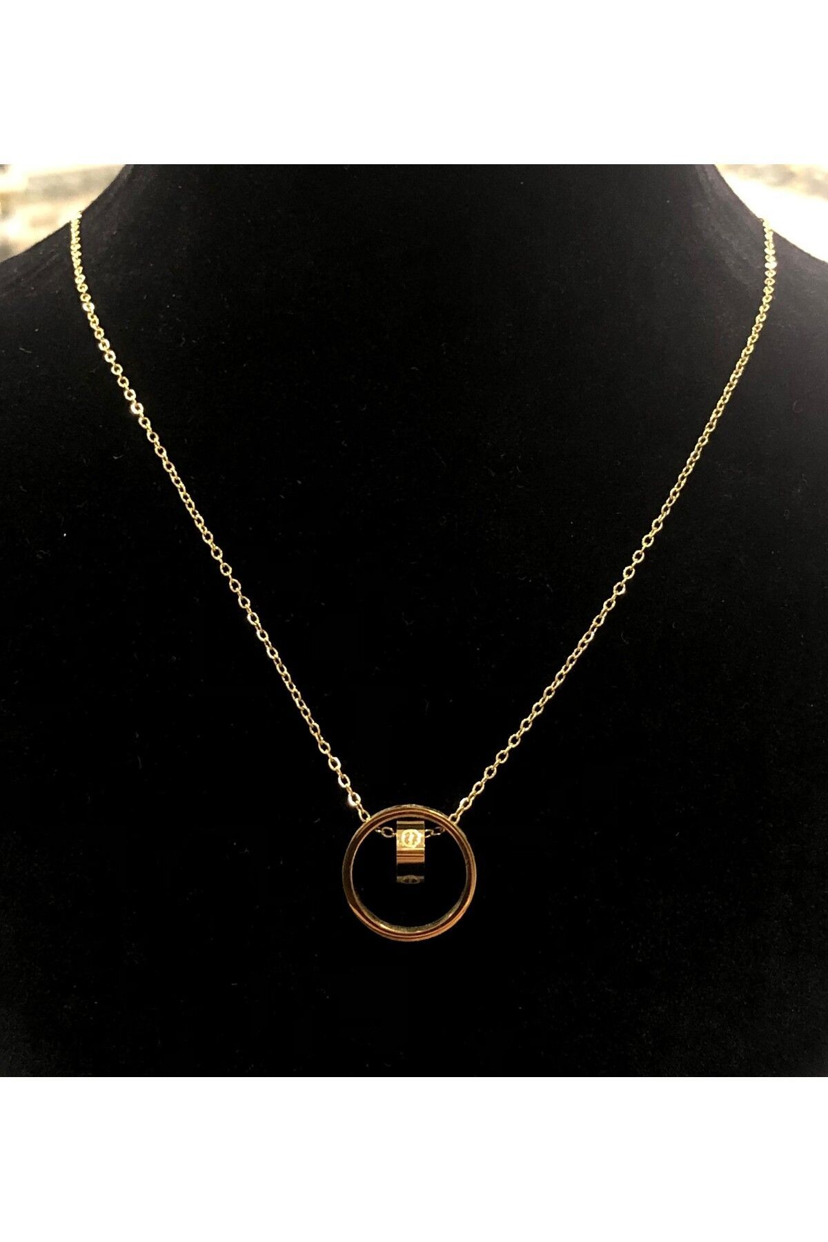 Paslanmaz Çelik Gold Taşlı İncili İşlemeli - Desenli Kadın Kolye